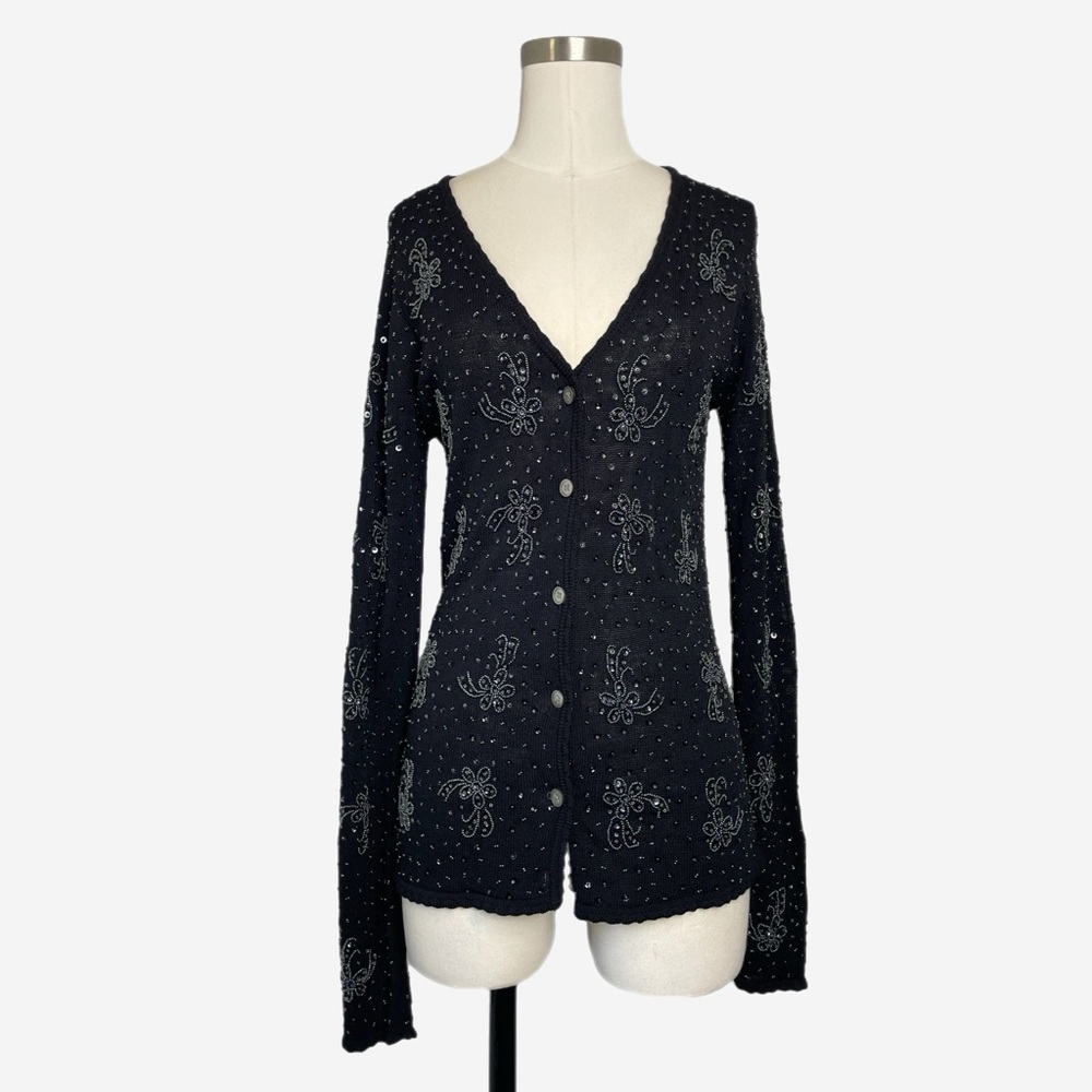 Vintage 90s Donna Karan NY black wool beaded sequin floral cardigan holiday XS/S